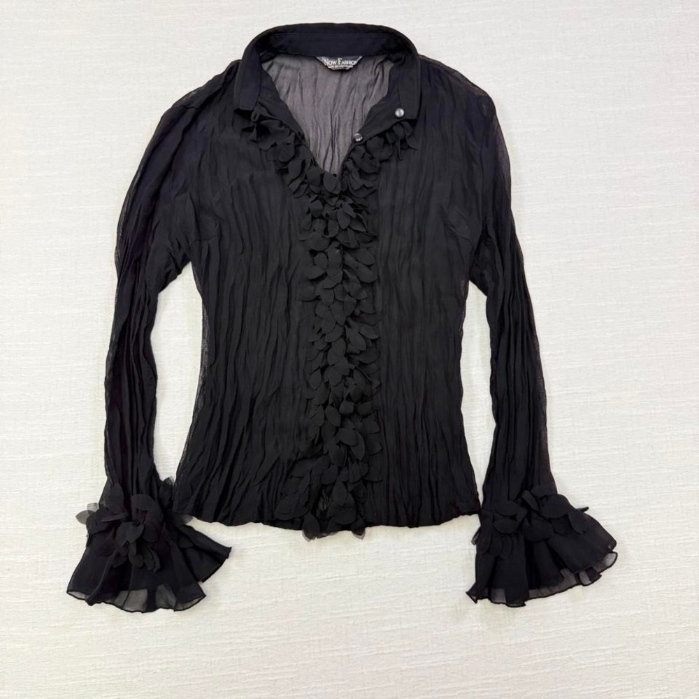 Y2K Romantic Goth Chiffon Blouse Fairy Grunge Mesh Top Womens M ruffles - Picture 2 of 8